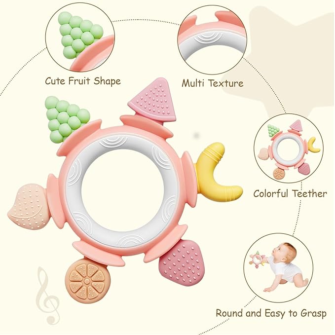 Hooku Silicone Teethers for Babies 6-12 Months, Teething Toys for Babies 0-6 Months, Baby Fruit Teethering Rings, BPA Free Baby Chew Toys, Infants Gifts