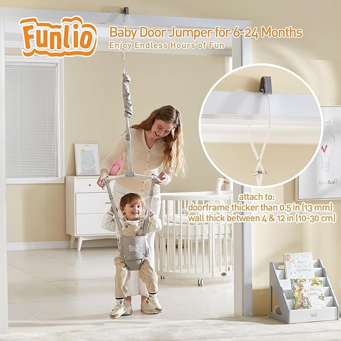 FUNLIO 2 in 1 Baby Door Jumper with Door Clamp, Baby Walking Harness for 6-24 Months, Infant Jumper Doorway with Strong Spring & Adjustable Strap, Easy to Assemble & Store - Grey