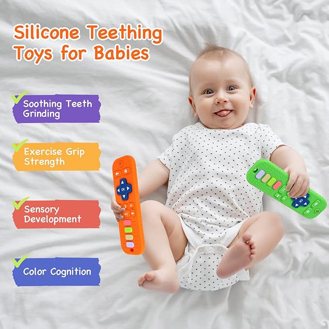 Hooku 2 Pack Remote Teether for Babies, Silicone Teether for 6-12 Months, Baby Teething Toys, Sensory Toys