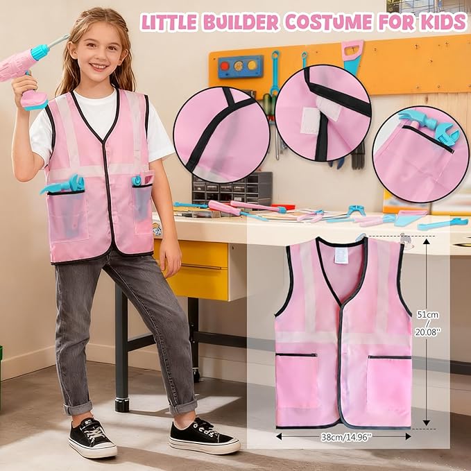 Kids Tool Set 55Pcs Tool Box Toddler Tool Kit for Girls Play Tools Toy with Tool Belt Electronic Toy Drill Safety Vest Pretend Play Construction Toy for Girls Boys Ages 3 4 5 6 7 Years Old