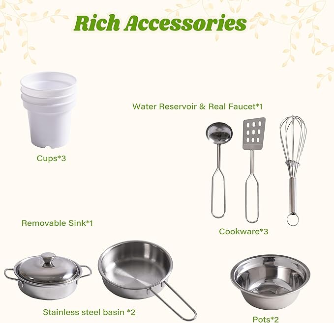 ROBUD Outdoor Mud Kitchen Set for Kids, Wooden Pretend Play Kitchen with Plant Growing Box, Real Faucet, Sink, Kitchen Accessories, Pretend Play for Kids Boys Girls Toys Age 3+