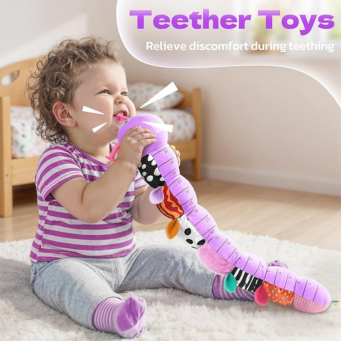 HEMRLY Baby Gifts Toys, Sensory Toy 0-6 Months, Musical Stuffed Caterpillar Plush with Soft Teether, Rattle for Tummy Time, Infant Car Seat Toy for 0-3-6-12 Month Boys Girls Gifts - Spotted Purple