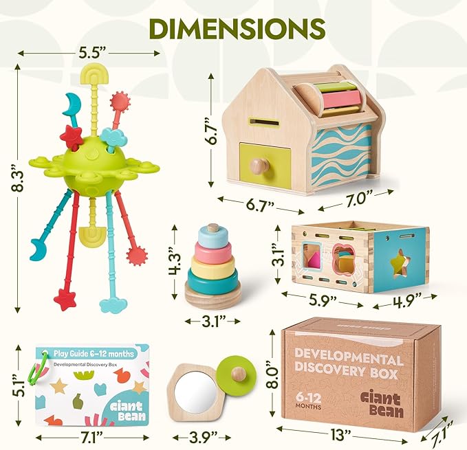 Giant bean Montessori Toys for Baby, 6-in-1 Wooden Early Education Learning Toys with Sensory Teething,Object Permanence Box,Shape Sorting Stacking Ring,Mirror Puzzle,Christmas Toy for Kid 1 2 3