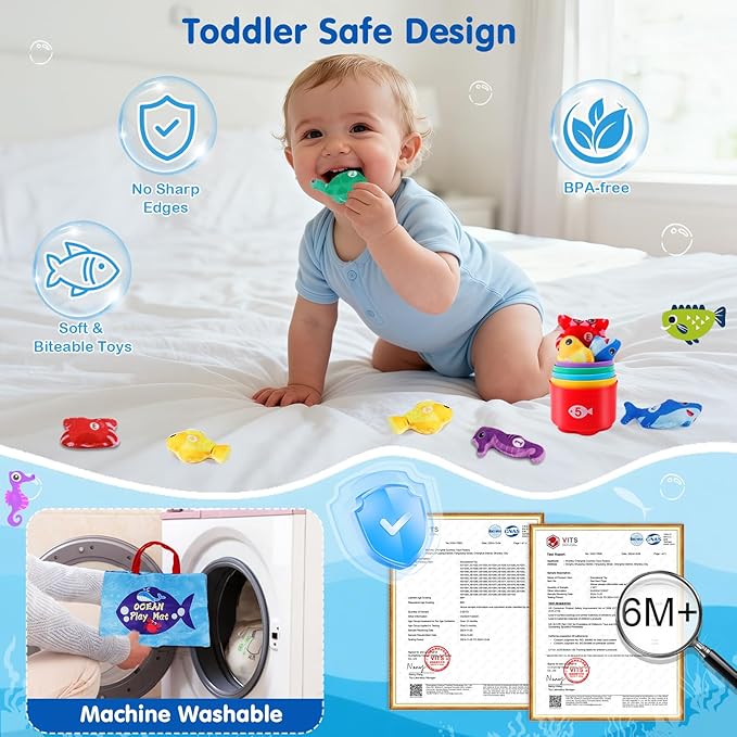 M SANMERSEN Montessori Toys for 1-2 Year Old - Toddler Fishing Game with Stacking Cups, Baby Toy 12-18 Months One Year Old Boy Girl Birthday Gift to Learn Count, Sort Colors and Shapes