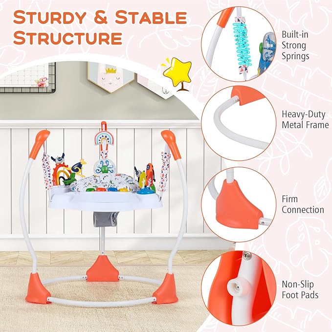 BABY JOY Baby Activity Center, Baby Jumpers and Bouncers with Music, Lights, 360° Rotating Seat, 3 Adjustable Heights, Montessori-Inspired Activity Center for Baby 6 Months + (Orange)