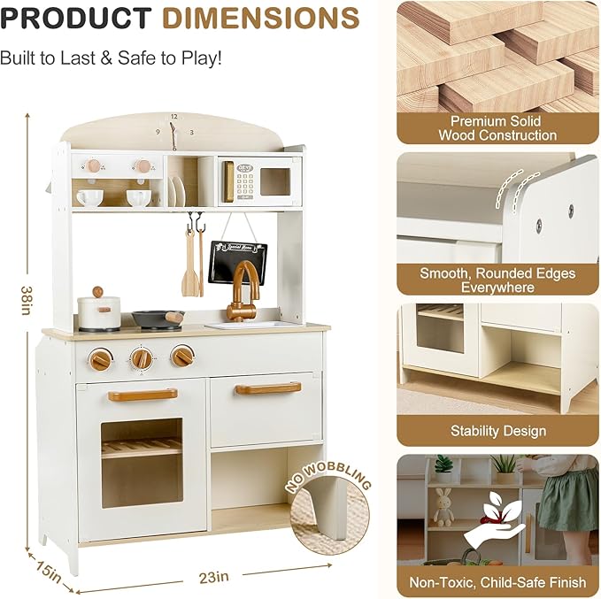 Dual-Sided Play Kitchen for Kids Toddlers, 2-in-1 Grocery Store&Wooden Toy Kitchen Set with Coffee Machine,Pretend Kitchen Play Set with Microwave, Oven, Gift for Boys Girls