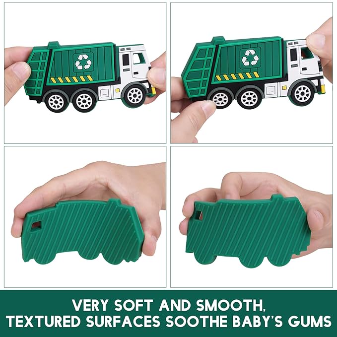 Baby Food Grade Silicone Carrier Vehicle Teether Toy with Pacifier Clip Holder,Teething Toys Gift Set for 3 Months+ Boys and Girls,Freezer Safe,BPA Free.(Garbage Truck)