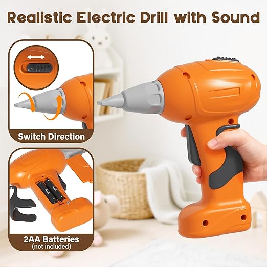 BIERUM Kids Tool Bench - Wooden Toddler Tool Bench with Electric Drill, Kids Workbench Playset with Realistic Tools, Tool Bench for Kids Ages 1-3 3-5, Pretend Play Construction Toy Gift for Toddler