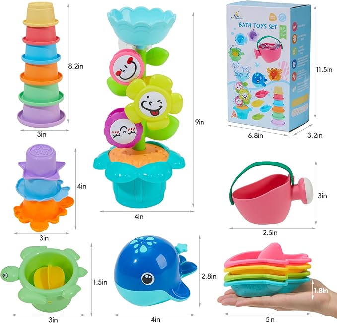 Toddler Bath Toys for Kids Ages 1-3, 17PCS Easy Clean & Colorful Mold Free Bath Toys for Babies 6-12 Months with Educational Stacking Cups Fun Bathtub Pool Water Toys for Toddler 2-4 Stocking Stuffers