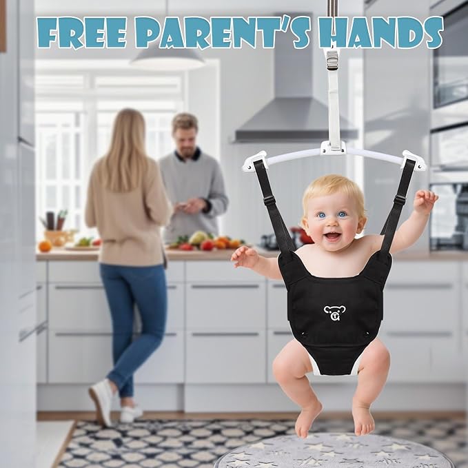 Baby Jumper, Baby Jumper Doorway with Adjustable Strap, Easy to Assemble, with a Soft Rug (Black)