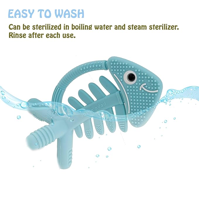 3 in 1 Infant Toys, Baby Teething Toys 3–6 6–12 Months, Teethers for Babies 0–3–6–12 Months for Teething Relief, Baby Gift, Baby Teether Toys, Silicone Sensory Toys, USA Patent Pending, Fish Turquise