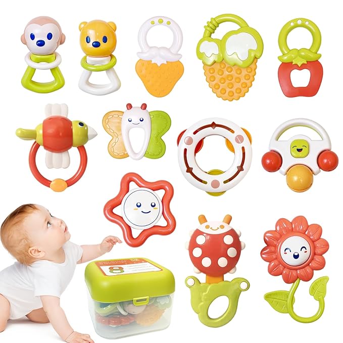 12PCS Baby Rattles Toys Set with Storage Case, Teething Toys for Babies, Newborn Christmas Gift for Baby Infant Boys and Girls 0 1 2 3 4 5 6 7 8 9 10 11 12 Months
