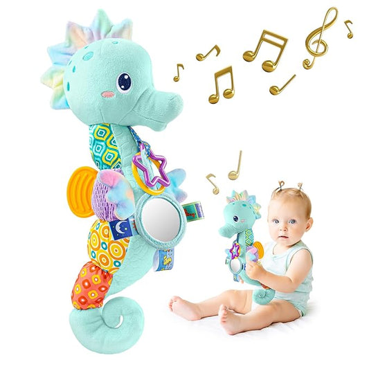 Sumobaby Infant Baby Musical Stuffed Animal Activity Soft Toys with Multi-Sensory Crinkle, Rattle and Textures, for Tummy Time Newborn 0-3-6-12 Months Girls,Seahorses - Blue with Baby Mirror