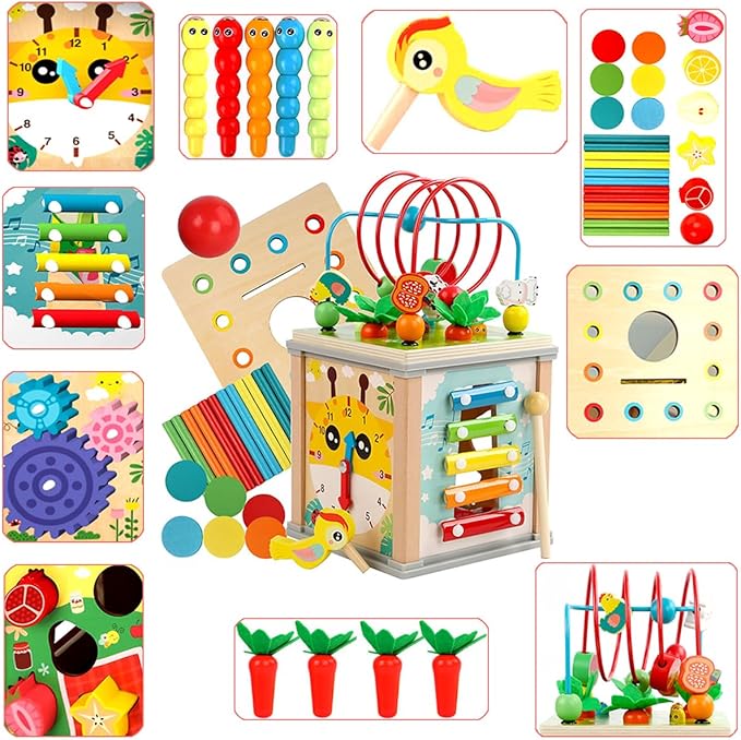 Toddlers Montessori Wooden Educational Toys, Wooden Baby Activity Cube,10 in 1 Carrot Pulling Baby Toy Gifts for 1+ Year Old Girls & Boys, Animal Shape Sorting Cube Toys for Kids