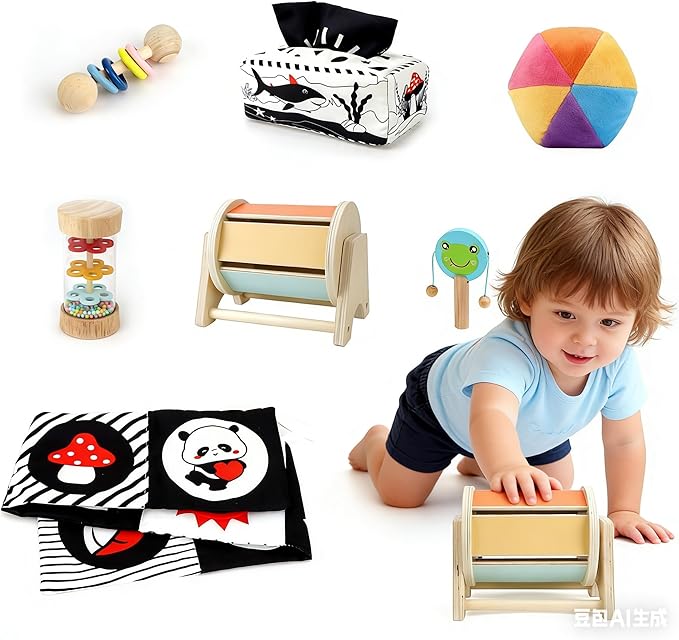 Montessori Toys 7 in 1 Learning Educational Set Newborn Toys, Rainbow Ball, Baby Black and White Books, Tissue Box Toy, Spinning Drum, Rattle Toy