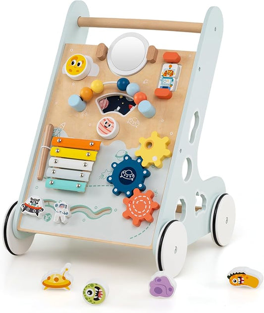 HONEY JOY Baby Push Walker, Wooden Infant Walker Activity Center with Shape Sorter, Develop Motor Skills & Creativity, Push Toys for Babies Learning to Walk, Gift for Boys and Girls, Light Blue