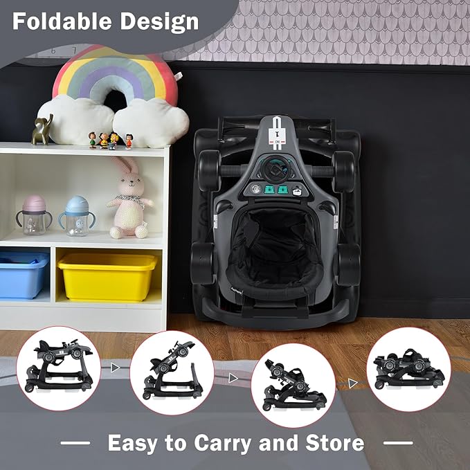 BABY JOY 4-in-1 Baby Walker, Foldable Activity Walker with Adjustable Height & Speed, Music, Lights, Anti-Rollover, Toddler Push Walker, Baby Walker with Wheels for Boys Girls 6-18 Months (Gray)