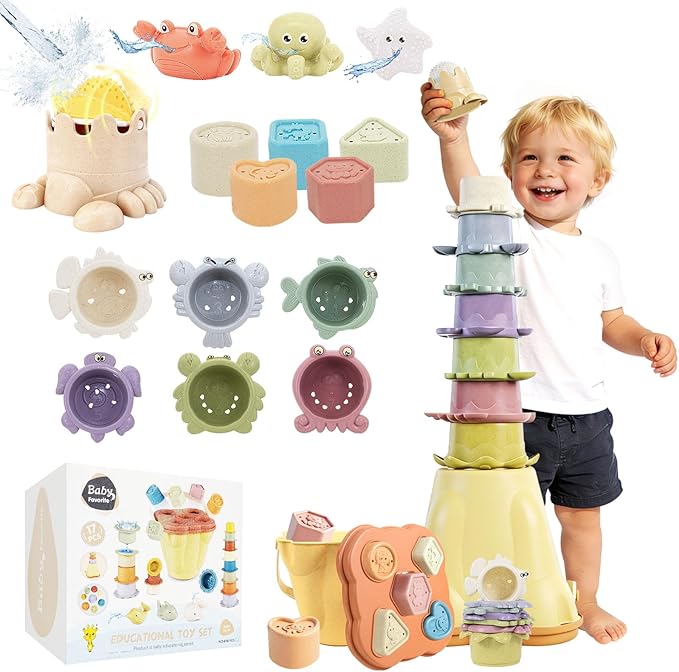 Stacking Toy for Toddler 1-3, 4 in 1 Montessori Sensory Toys, Shape Sorter for Sand Bath Play, Infant Learning Color Sorting Toy for Fine Motor Skills, Birthday Gift for Baby Boys Girls 1 2 3