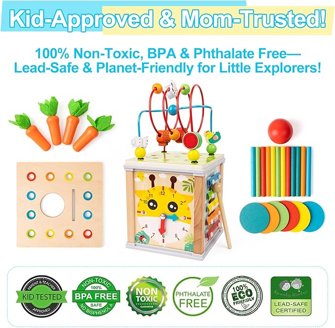 Wooden Activity Cube | 10-in-1 Montessori Toys | Multipurpose Baby Educational Developmental Toy | Bonus Shape sorter & Ball Coin Stick Drop Game | Birthday Gift for Baby Boys Girls