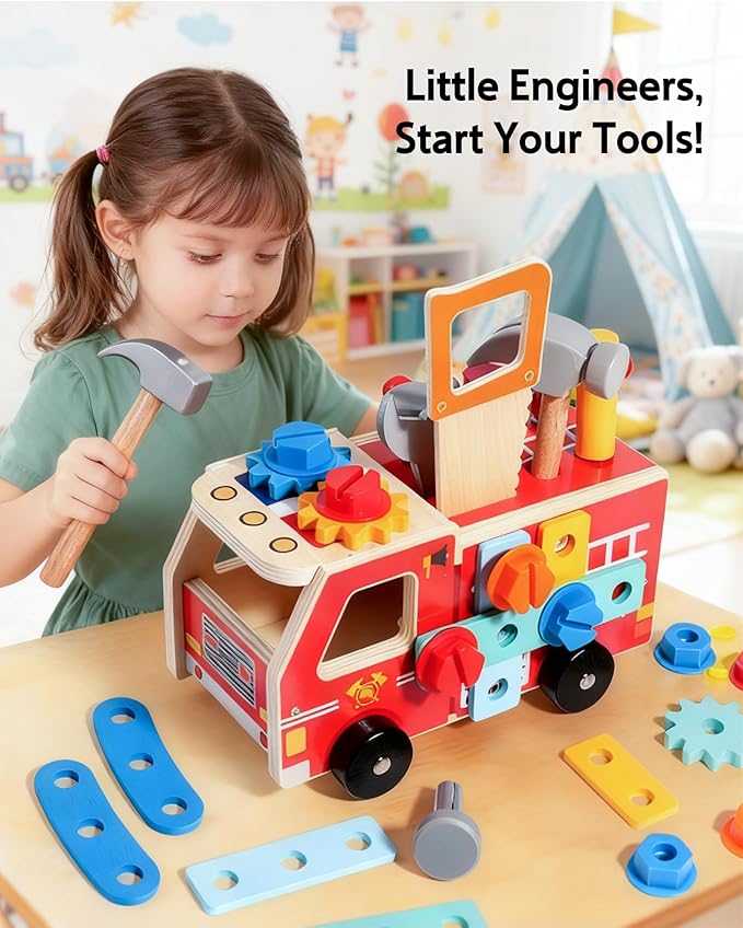 33-Piece Wooden Tool Set for Toddlers, Fire Truck Toolbox & Workbench Montessori Toys for 3-6 Year Olds, STEM Educational Pretend Play Tools, Construction Learning Gift for Boys Girls