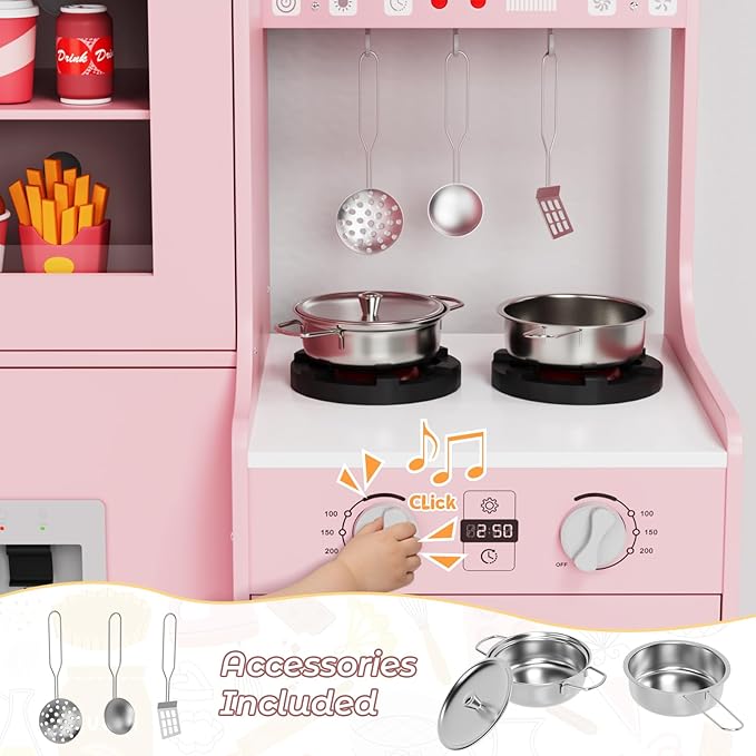 MAMIZO Wooden Play Kitchen for Kids, Toddler Toy Kitchen Playset, Large Interactive Pretend with 6 Kitchenware, Realistic Water Dispenser & Hood w/Lights & Sounds, Sink, Stove, Oven, Microwave (Pink)