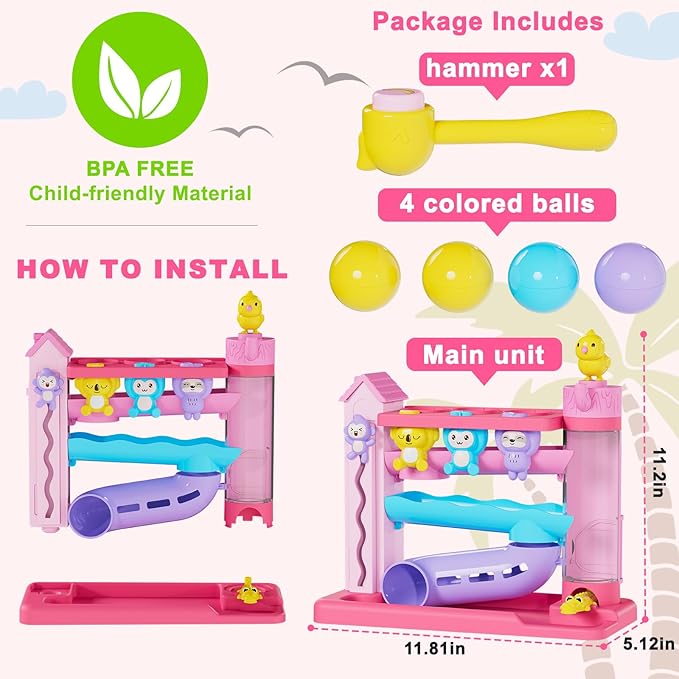 Toddler Musical Toys for 1+ Years Old Girls,Fine Motor Skills Developmental Baby Toy 12-18-24+ Months,Bilingual Toddler Learning Ball Drop Toy,Infant Birthday Gifts Toys for 1 2 Year Old Girl(Pink)