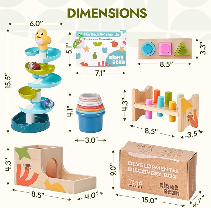 Giant bean 8-in-1 Wooden Montessori Toys Set Learning Toys for Baby 12-18 Month with Object Permanence Box, Senser Ball Roll Tower, Hammer, Fishing Carrot, Shape Sorting Stacking Cup for Kids 1+