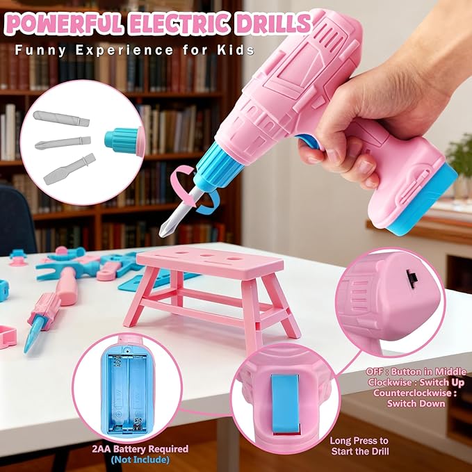 Kids Tool Set 55Pcs Tool Box Toddler Tool Kit for Girls Play Tools Toy with Tool Belt Electronic Toy Drill Safety Vest Pretend Play Construction Toy for Girls Boys Ages 3 4 5 6 7 Years Old