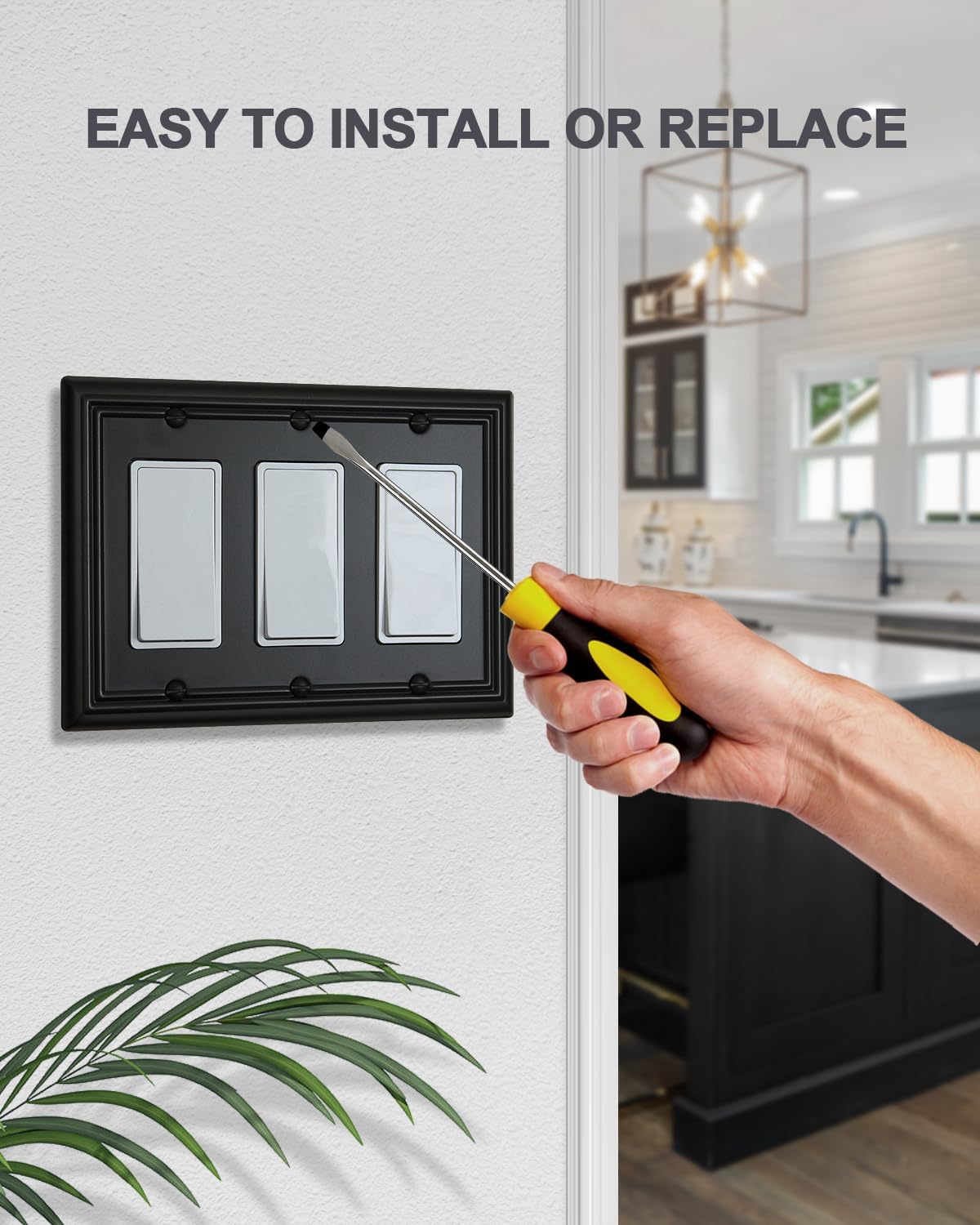 1-Pack Black Triple Decorator Outlet Covers, 3 Gang Wall Plates for Receptacle, GFCI Outlet, Dimmer Switch, Durable Metal, 6.77''*4.88'', Midsize