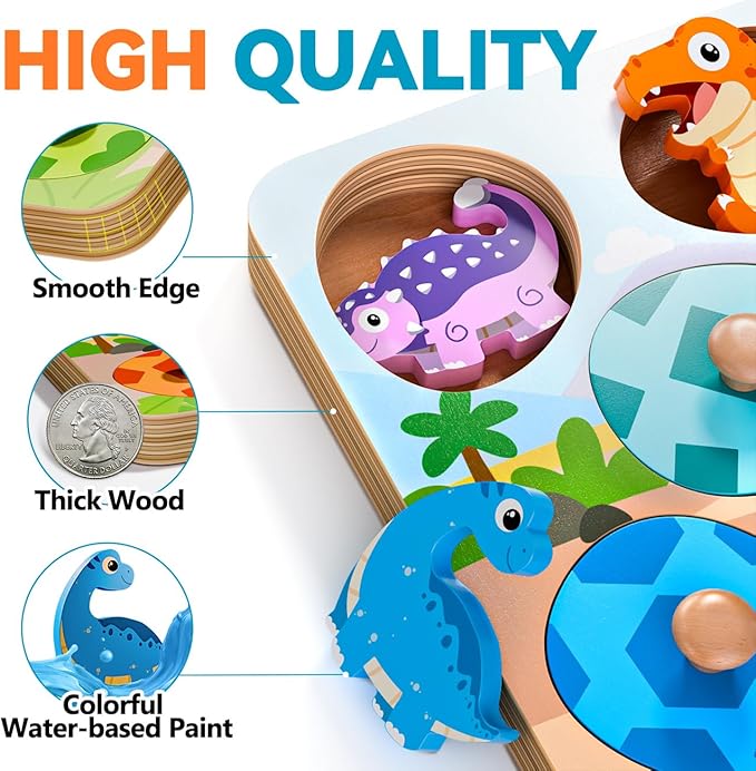 Wooden Puzzles for Toddlers 1-3, Montessori Toys for 1 2 Year Old Boy Christmas Birthday Gifts, Dinosaur Matching Eggs Peg Puzzles for Toddlers Age 2-4, Preschool Learning Activities for Girls