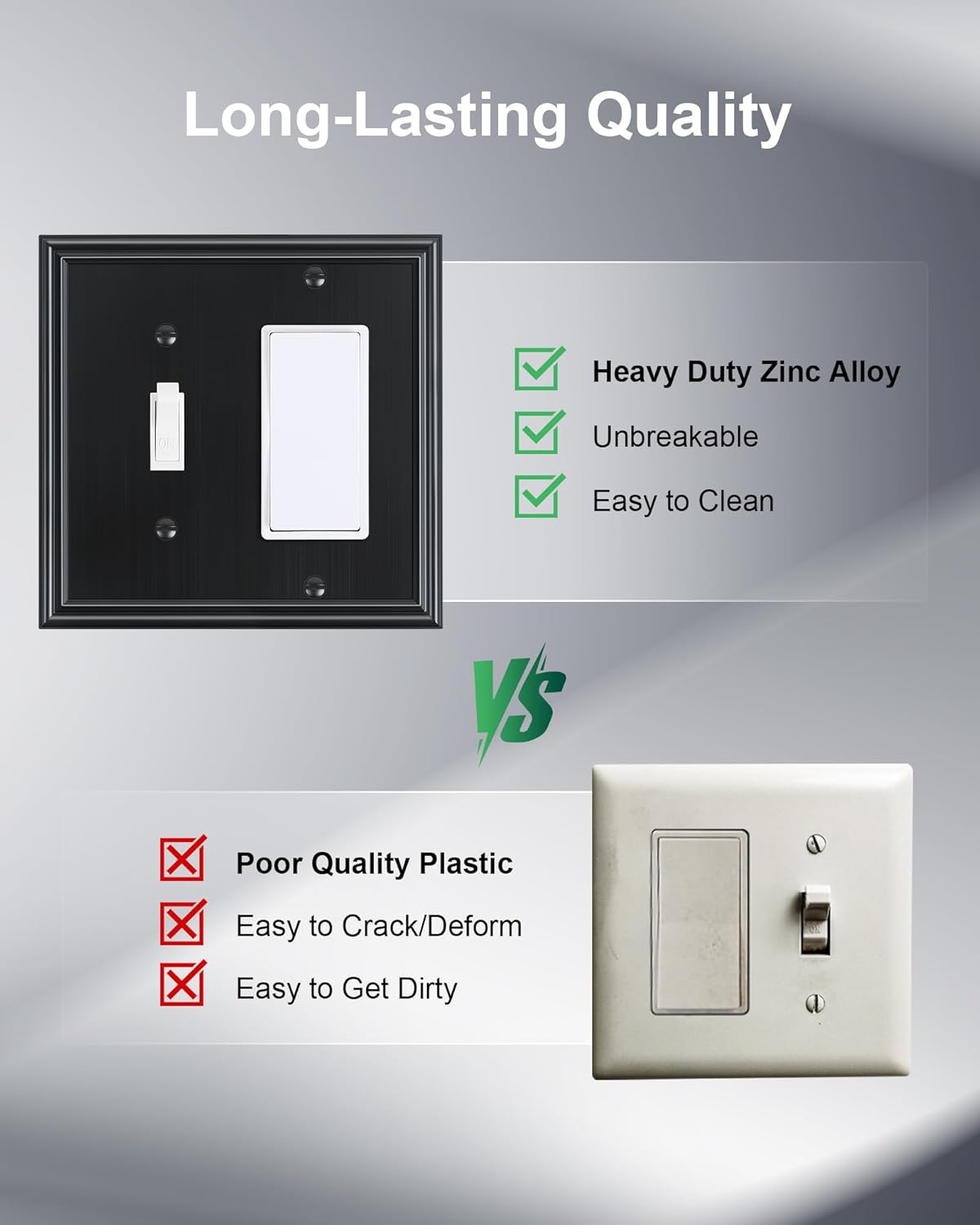 2-Pack Combo Toggle/Decorator Light Switch Cover Plate, Black Decorative Electrical Outlet Covers, Durable Solid Zinc Alloy Wall Switch Plates and Outlet Covers