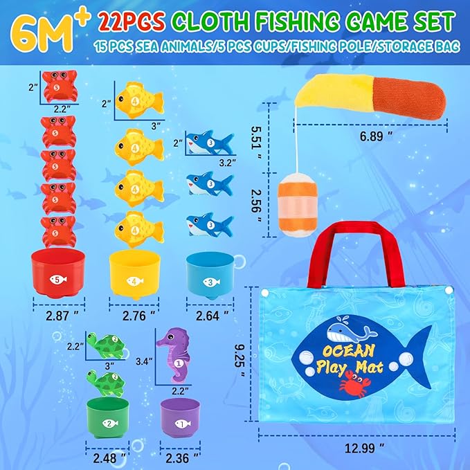Letoya Toddler Toy Montessori Toys for 1 Year Old Boy Girl Birthday Gifts, Cloth Fishing Game for Toddlers 1-3 with Stacking Cups-Number Counting, Shape Learning Toys