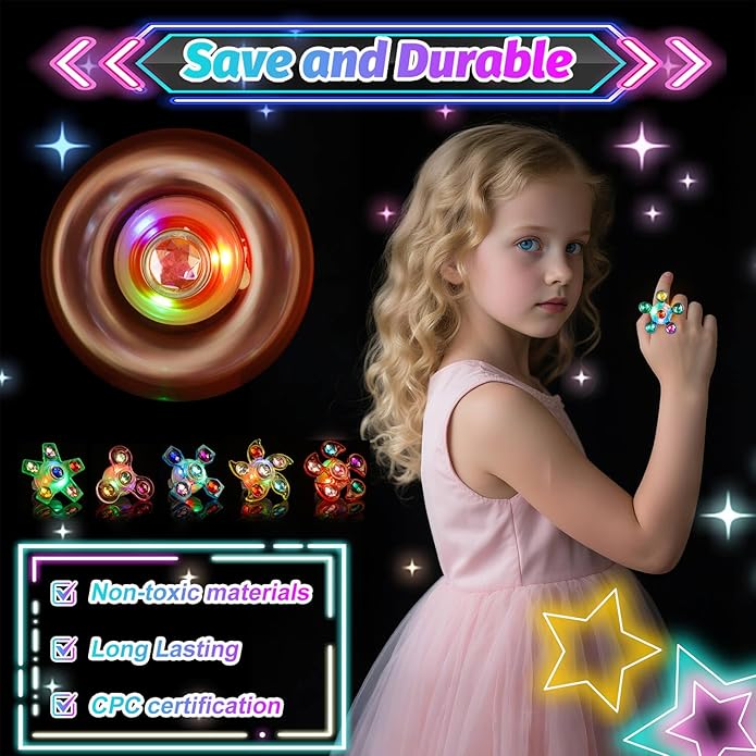 26 Pcs Glow Fidget Spinner Rings Bulk, LED Finger Lights Rotating Toy, Glow in The Dark Party Favor for Kids 4-12 Light Up Treasure Box Goodie Bag Basket Birthday Gifts for Boy Girl Christmas NewYear