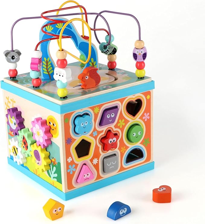 Qilay Wooden Activity Cube for Toddlers (Large), 5 in 1 Multipurpose ABC-123 Abacus Bead Maze Shape Sorter | Early Educational Toy for Toddlers - First Birthday Present for Boys Girls