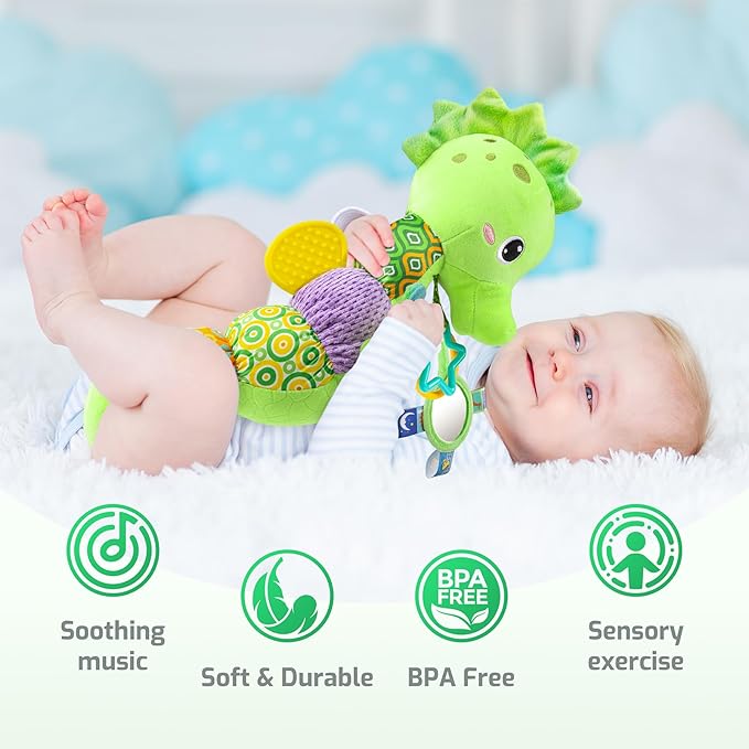 Sumobaby Infant Baby Musical Stuffed Animal Activity Soft Toys with Multi-Sensory Crinkle, Rattle and Textures, for Tummy Time Newborn 0-3-6-12 Months Girls,Seahorses - Green with Baby Mirror