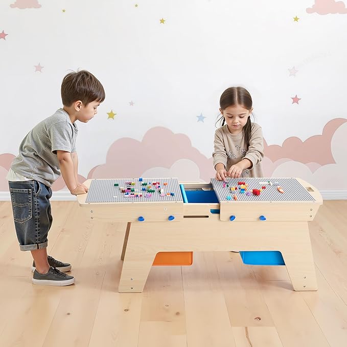 VEVOR Kids Reversible Wooden Activity Table, Multi-Purpose Activity Play Table with 200 Building Bricks & 3 Storage Bins for Kids 3+ Years, Large Storage Space, Present for Boys & Girls, Natural