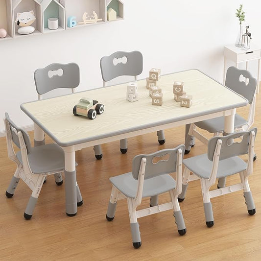 IDEALHOUSE Kids Table and 6 Chairs Set, Height Adjustable Toddler Table and Chair Set, Graffiti Desktop, Children Study Table for 6 for Home Daycare Preschool for Ages 2-10, Grey