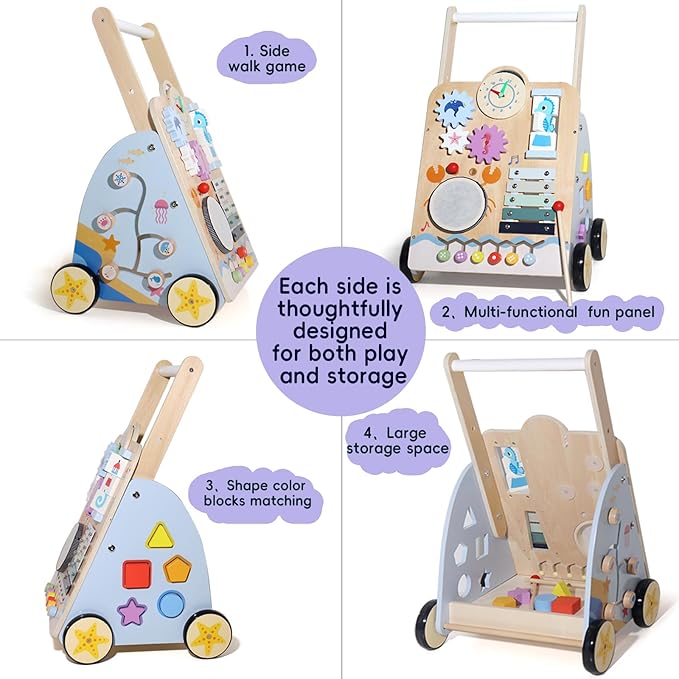 Multifunctional Baby Activity Walker Toy - 8-in-1 Learning Push Cart with Shape Sorter, Music Panel & Storage, Develops Motor Skills for Toddlers 3 Years