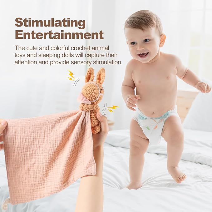 Hand-Knit Crochet Animal Security Blanket | Organic Cotton Baby Shaker Rattle Toy & Comforter Lovey | Soft Sensory Stroller Toy for Newborns Infants 0-6-12 Months (Baby Pony Design)