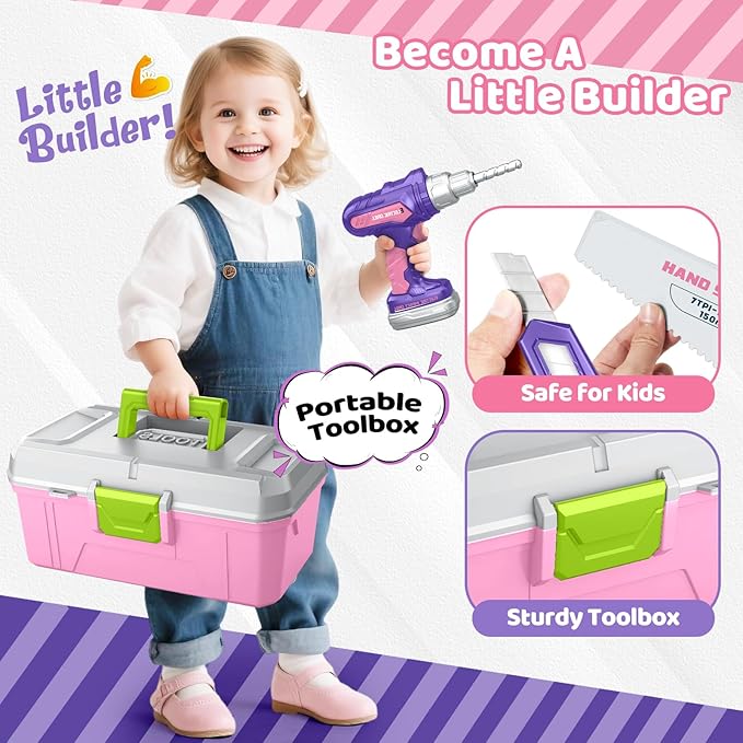 Kids Tool Set 46 PCS, Toddler Tool Set with Portable Tool Box & Power Toy Drill, Construction Toys Tools for Toddlers, Tool Kits for Girls Boys, Christmas Birthday Gifts for Kids Ages 3,4,5,6,7,8+