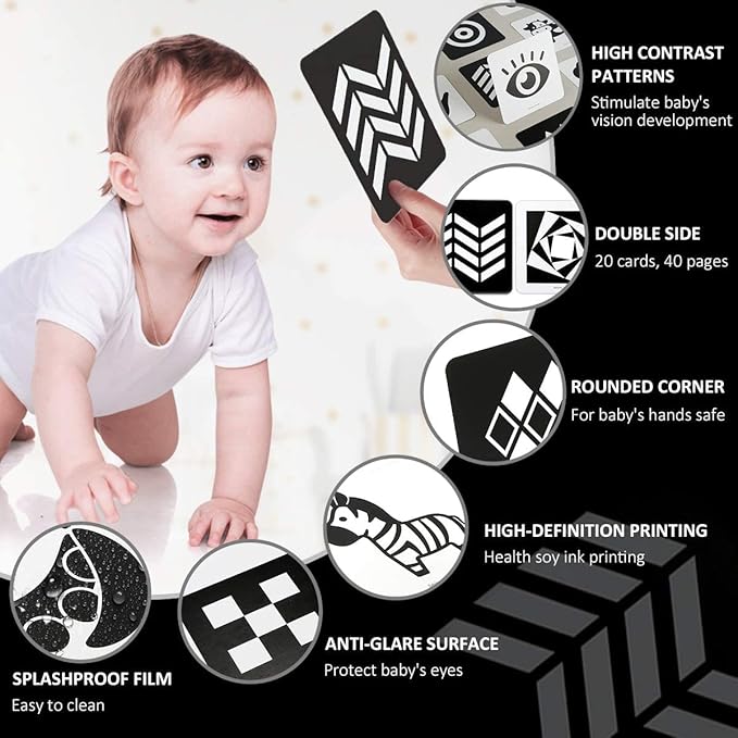 beiens High Contrast Baby Flashcards, Black White Color Newborn Brain Development Toys, Visual Stimulation Learning Activity Cards, Educational Infants Gift (Black & White(for 0-3 Months))