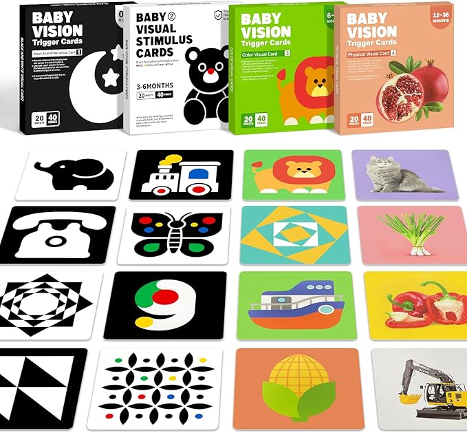 4 Sets High Contrast Baby Cards, 80 Pcs 160 Page Black White Colorful Baby Flashcards Newborn Toys for Infants Visual Stimulation Brain Sensory Development(0-36 Months)