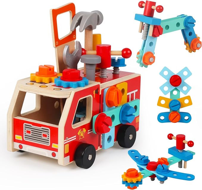 Toddler Tool Kit - 33 PCS Montessori Toddlers Tool Box, Kids Pretend Play Tools Set Age 2-4, STEM Educational Toys for Age 3, Wooden Construction Toy, Boys Birthday Gift 2,3,4,5 Year Old (Fire Engine)