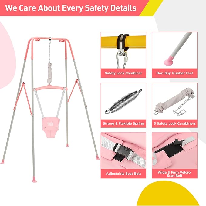 FUNLIO Baby Jumper with Stand for 6-24 Months, Infant Jumper for Indoor/Outdoor Play, Toddler Jumper for Baby Girl/Boy, with Adjustable Chain, Easy to Assemble & Store (with Stand) - Pink