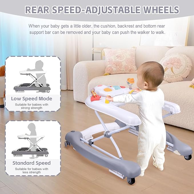 5 in 1 Foldable Baby Walker, Activity Baby Walker-Baby Bouncer, Rocker, Activity Center,Seat and Push Walker,Detachable Trampoline Mat, Adjustable Speed Rear Wheels and Height,Ages 6-18 Months(Grey)