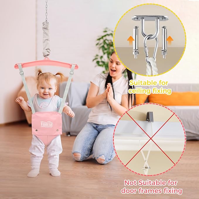 FUNLIO Baby Jumper with a Ceiling Hook for 6-24 Months, Baby Door Jumper for Indoor/Outdoor Play, Infant Jumper Doorway with Adjustable Chain, Easy to Assemble & Store (with a Ceiling Hook) - Pink