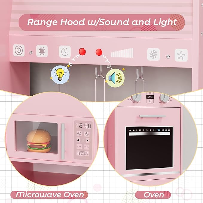 MAMIZO Wooden Play Kitchen for Kids, Toddler Toy Kitchen Playset, Large Interactive Pretend with 6 Kitchenware, Realistic Water Dispenser & Hood w/Lights & Sounds, Sink, Stove, Oven, Microwave (Pink)