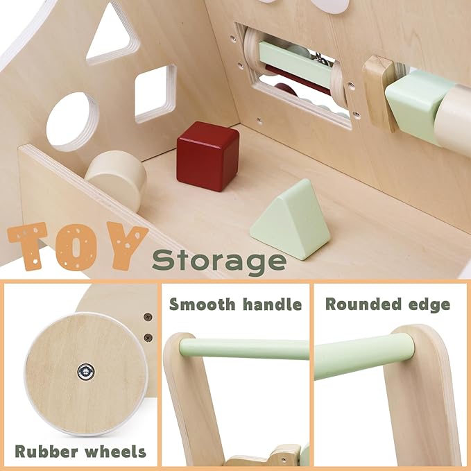 PairPear Wooden Baby Walker with Wheels, Baby Sit-to-Stand Baby Walker & Activity Cart, Montessori Activity Walker Busy Board for Baby Boys Girls 12m+(Sage Green)