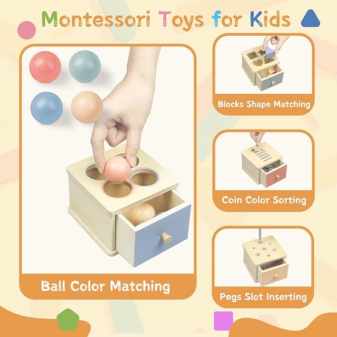 Montessori Toys for 2 3 4 5 Year Old - Wooden Object Permanence Box with Drawer Sensory Toys Shape Sorter Color Sorting Education for Baby Toddler Boy Girl Drop Busy Box (C-Balls)