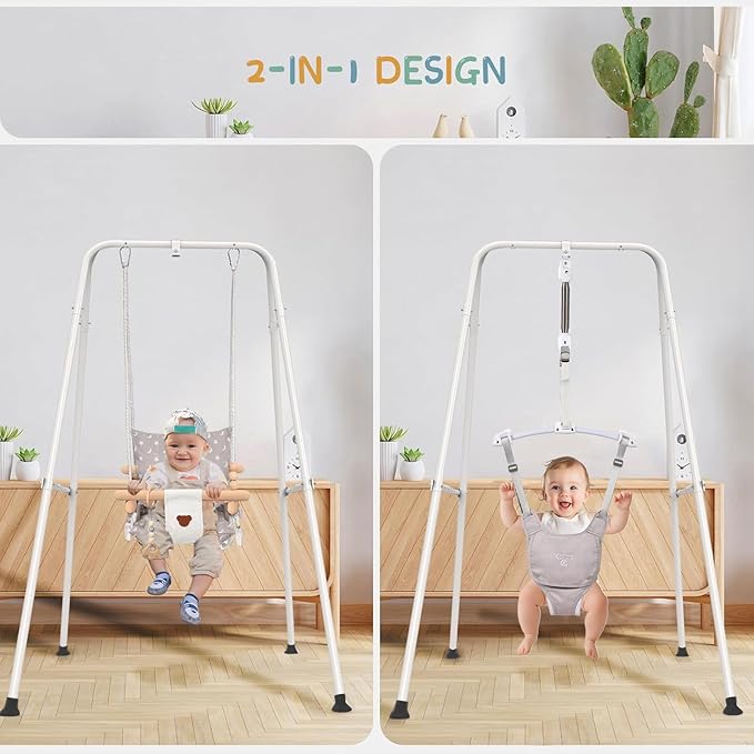 Baby Jumper with Toddler Swing, Baby Jumpers and Bouncers,Indoor Outdoor Toddler Swing Set (White)